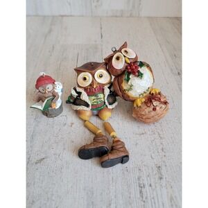 Unique owl winter hazelnut rustic ornament Xmas set bird bunny